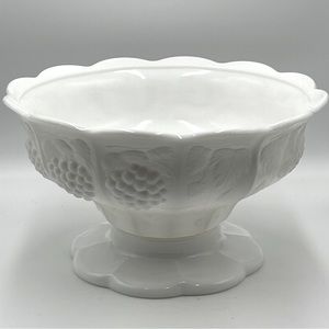 SMITH GLASS: Vintage Grape/Leaf White Milk Glass 2pc Punch Bowl & Pedestal Stand